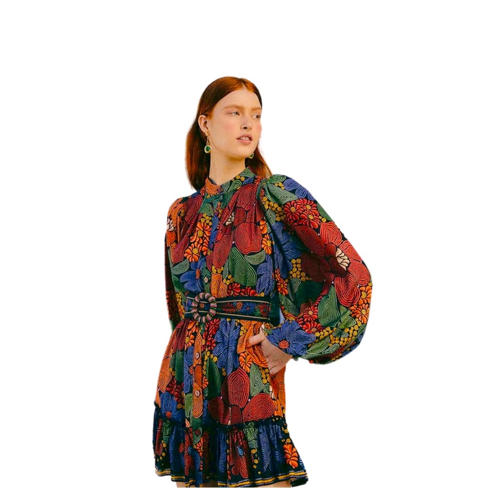 {SOLD} ‼️NWT 🏷️ FARM RIO Black Stitched Flowers Long Sleeve Mini Dress 🌺🌺🦜 - Picture 2 of 6